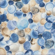 Blue and Beige Sea Shells on Sand Ocean Beach Quilting Fabric