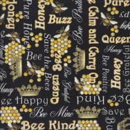 Bee Words Honeycomb on Black with Metallic Gold Buzzworthy Quilting Fabric