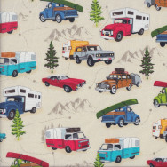 Camper Caravan Campervan Convertible Road Trip Beige Quilting Fabric