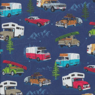 Camper Caravan Campervan Convertible Road Trip Blue Quilting Fabric