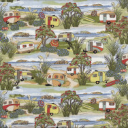 Retro Caravans Holiday Beach Landscape New Zealand NZ Quilt Fabric