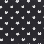 White Cat Faces with Whiskers in Black quilting Fabric