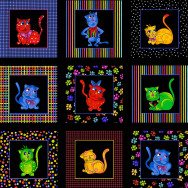Bright Colourful Cool Cats Loralie Quilt Fabric Panel