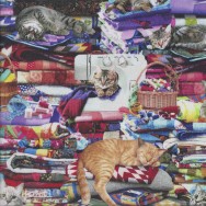 Cute Cats Relaxing on Quilts Sewing Machine Quilting Fabric