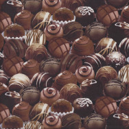 Delicious Chocolates Confectionery on Black Quilting Fabric