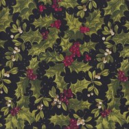 Holly Red Berries on Black with Metallic Gold Christmas Quilting Fabric