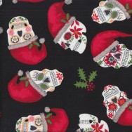 Christmas Colourful Sugar Skulls Holly on Black Quilting Fabric