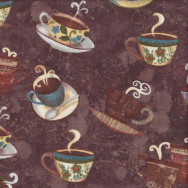 Coffee House Mugs Teacups Cups Drinks on Brown Quilting Fabric