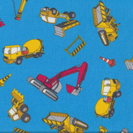 Fun Construction Yellow Cement Trucks and Bulldozers on Light Blue Fabric