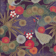Japanese Cranes Floral Design on Purple Metallic Gold Quilting Fabric