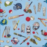 Cricket Wicket Ball Bat Sport Boys on Blue Quilting Fabric