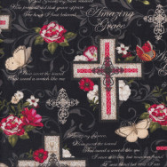 Amazing Grace Crosses Butterflies Flowers on Black Quilting Fabric