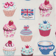 Cupcakes on Cream Teacups Union Jack Cherries Flower Sugar Maison Fabric