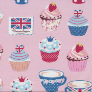 Cupcakes on Pink Teacups Union Jack Cherries Flower Sugar Maison Fabric