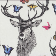 Black and White Deer Colourful Butterflies on White Large Print Quilting Fabric