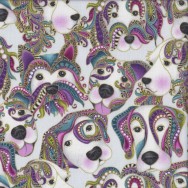 Dog on it Colourful Faces on Light Grey Lets Face it Quilting Fabric