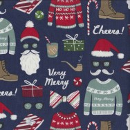 Fa La La Christmas Sweaters on Navy Moustache Santas Beard Quilting Fabric