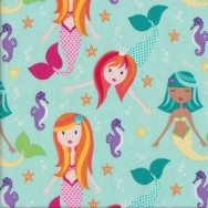 Mermaids Fairy Tails on Aqua Seahorses Quilting Fabric