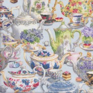 Gorgeous Floral Teapots on Blue Fancy Tea Quilting Fabric
