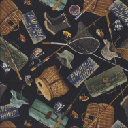 Gone Fishing on Black Fishing Rod Lures Mens Quilting Fabric
