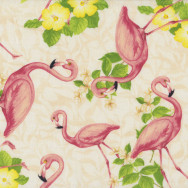 Flamingos on Cream Yellow Hibiscus Flowers Birds Quilting Fabric