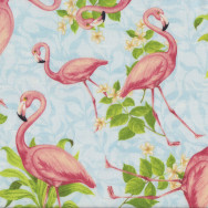 Flamingos on Light Blue Yellow Hibiscus Flowers Birds Quilting Fabric
