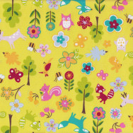 Fox Birds Owls Trees Flowers on Yellow Fabric