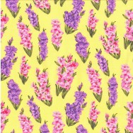 Yellow Pink Red Gladioli Flowers on Blue Quilting Fabric
