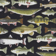 Gone Fishing Fish on Black Trout Mens Boys Quilting Fabric