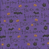 Happy Halloween on Purple Trick or Treat Cat Pumpkin Bat Quilting Fabric