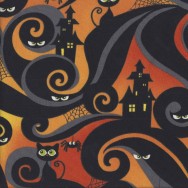 Halloween Howl Black Cats Haunted House Spiderwebs Quilting Fabric