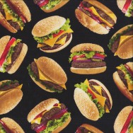 Burgers on Black Hamburgers Junk Food Quilting Fabric