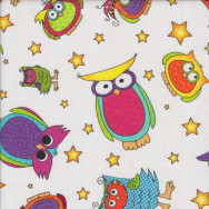 Colourful Owls Stars on White Happy Owl-O-Ween Quilting Fabric