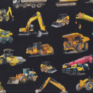 Heavy Construction Machinery Cranes Trucks on Black Quilting Fabric