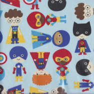 Super Kids Heroes on Blue LAMINATED Water Resistant Slicker Fabric 