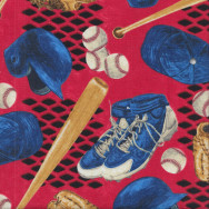 Baseball Bats Shoes Helmet Gloves on Red Quilting Fabric