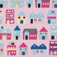 Pink Blue Homes Houses on Light Pink Fabric