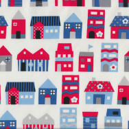 Blue Red Homes Houses on White Fabric