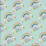 I Believe in Unicorns Rainbows on Green Quilting Fabric