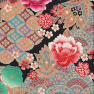 Japanese Flowers on Black with Metallic Gold Quilting Fabric