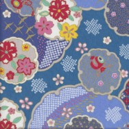 Japanese Oriental Floral Design with Metallic Gold on Blue Quilting Fabric