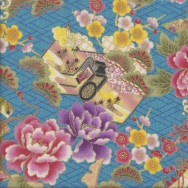 Japanese Camelias Sakura on Blue Oriental Asian Quilting Fabric