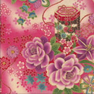 Japanese Pink Red Flowers Lanterns on Blue with Metallic Gold Quilting Fabric