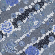 Japanese Oriental Blue Flowers with Metallic Silver Quilting Fabric