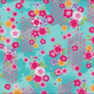 Japanese Asian Flowers Design on Aqua Seersucker Cotton Fabric