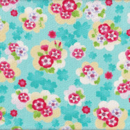 Japanese Asian Floral Design on Aqua Seersucker Cotton Fabric