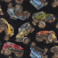 Jeeps in Mud on Black Quilting Fabric Remnant 43cm x 112cm 