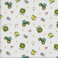 John Deere Small Tractors Pig Sheep on White Kids Quilting Fabric