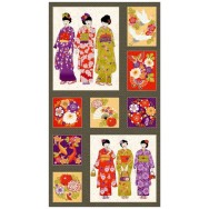 Japanese Ladies in Kimonos Geisha Koi Fish Flowers Fans Quilting Fabric Panel