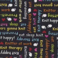 Knit Happy Knitting Words on Black Sheep Quilting Fabric